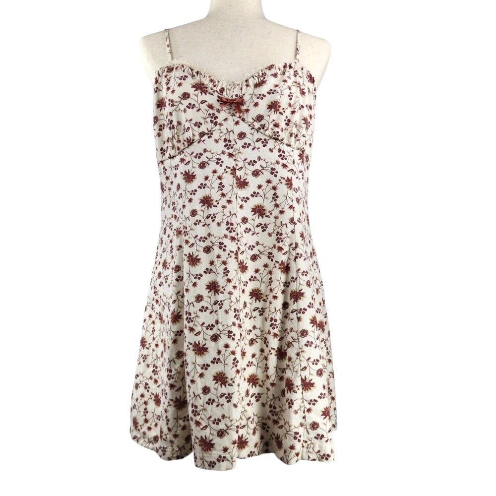 Y2K Babydoll Dress Juniors Size XL Linen Blend Floral Lace Boho Western Pheasant